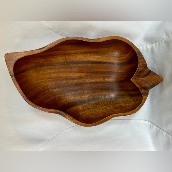 Carved Monkey Pod Wooden Leaf Shaped Bowl Vintage - Picture 9 of 10